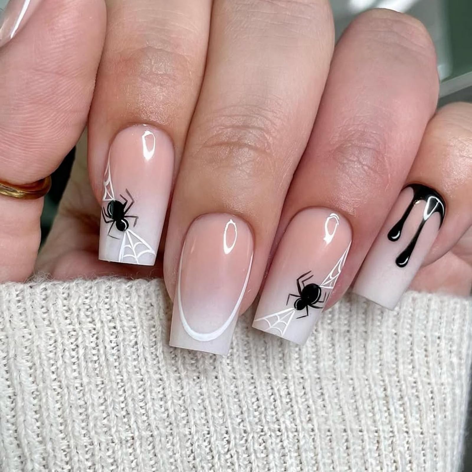 Halloween Press on Nails Medium Square SWEKKE Ombre Fake Nails French Tip False Nails with Spider Web Spider Designs Full Cover Glossy Glue on Nail Acrylic Nail for Women Girls 24Pcs
