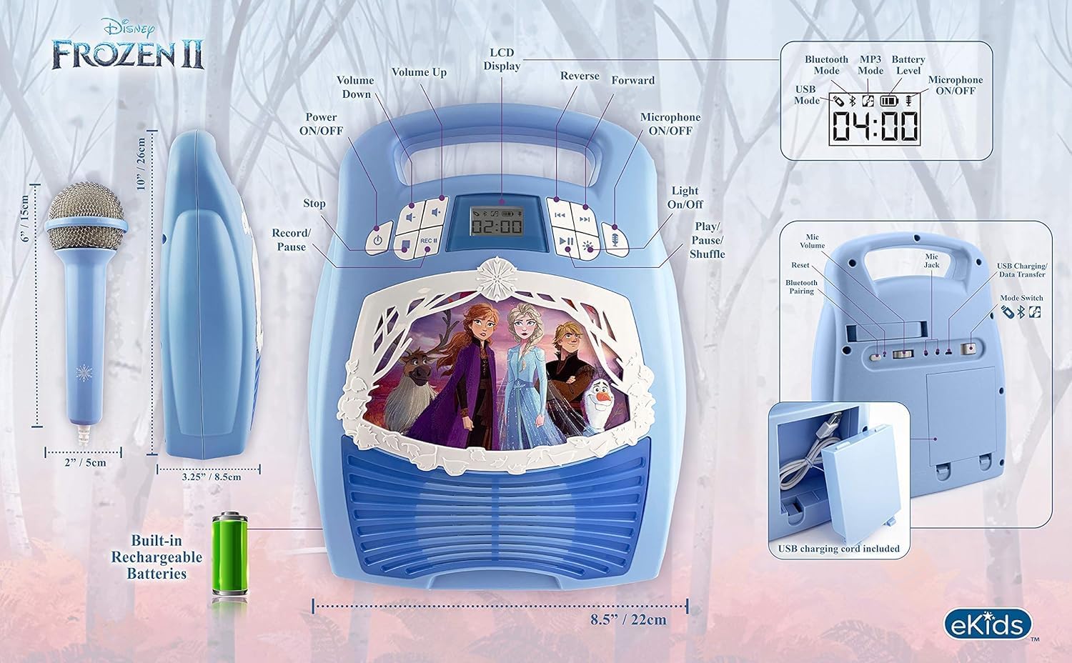 Back view of the eKids Frozen 2 Karaoke Machine showing the storage compartment for the microphone and various ports like USB and mic jacks.