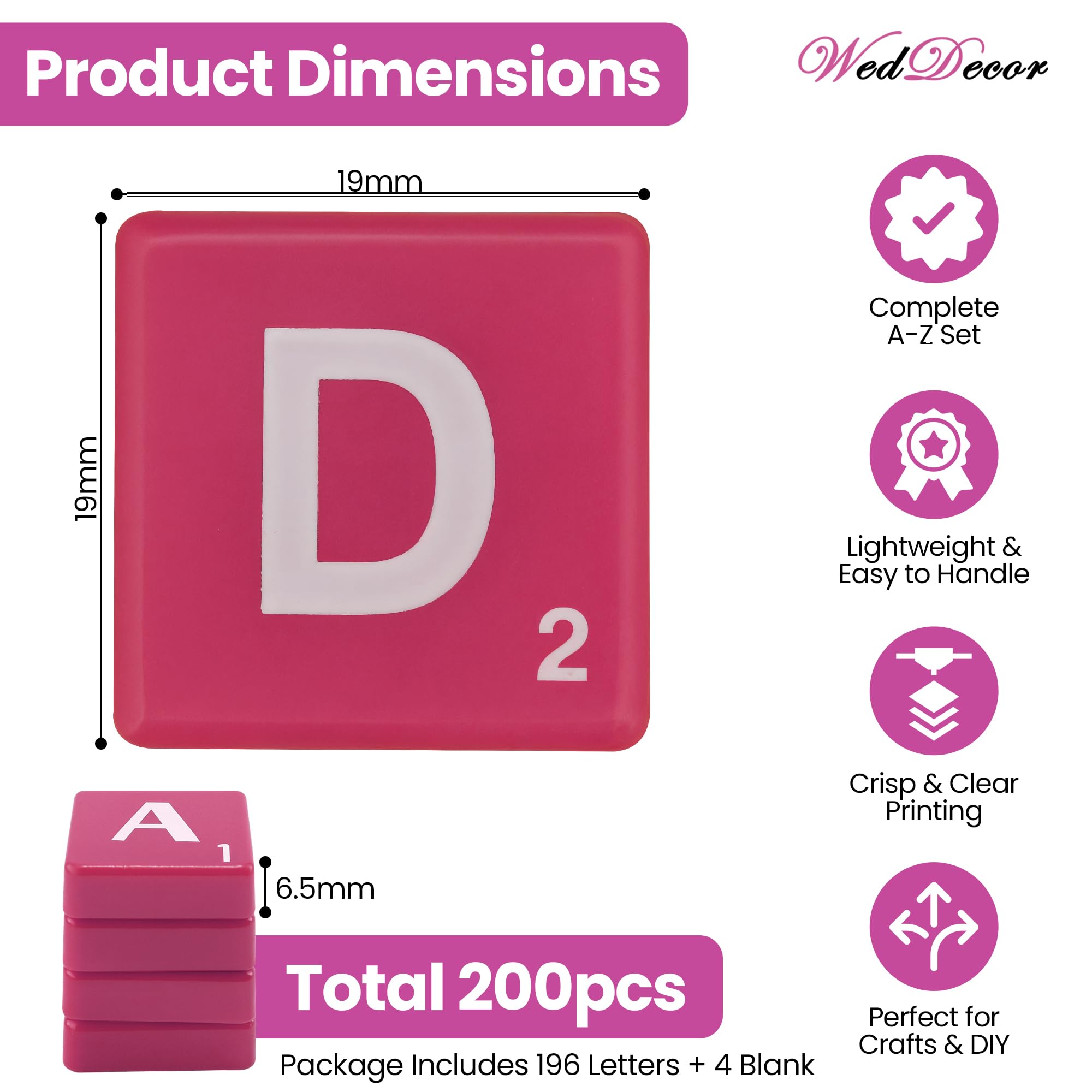 Tessere Alfabeto In Plastica WedDecor - 100 Pezzi Rosa, Lettere E Numeri Per Giochi, DIY, Ciondoli E Decorazioni - 3
