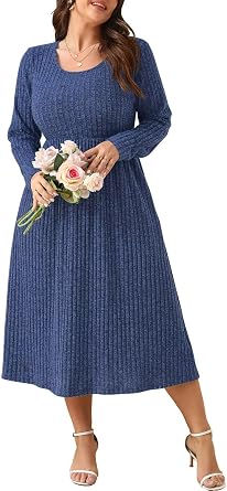 BELAROI Womens Plus Size Fall Dresses Maxi Sweater Scoop Neck Dress Pockets