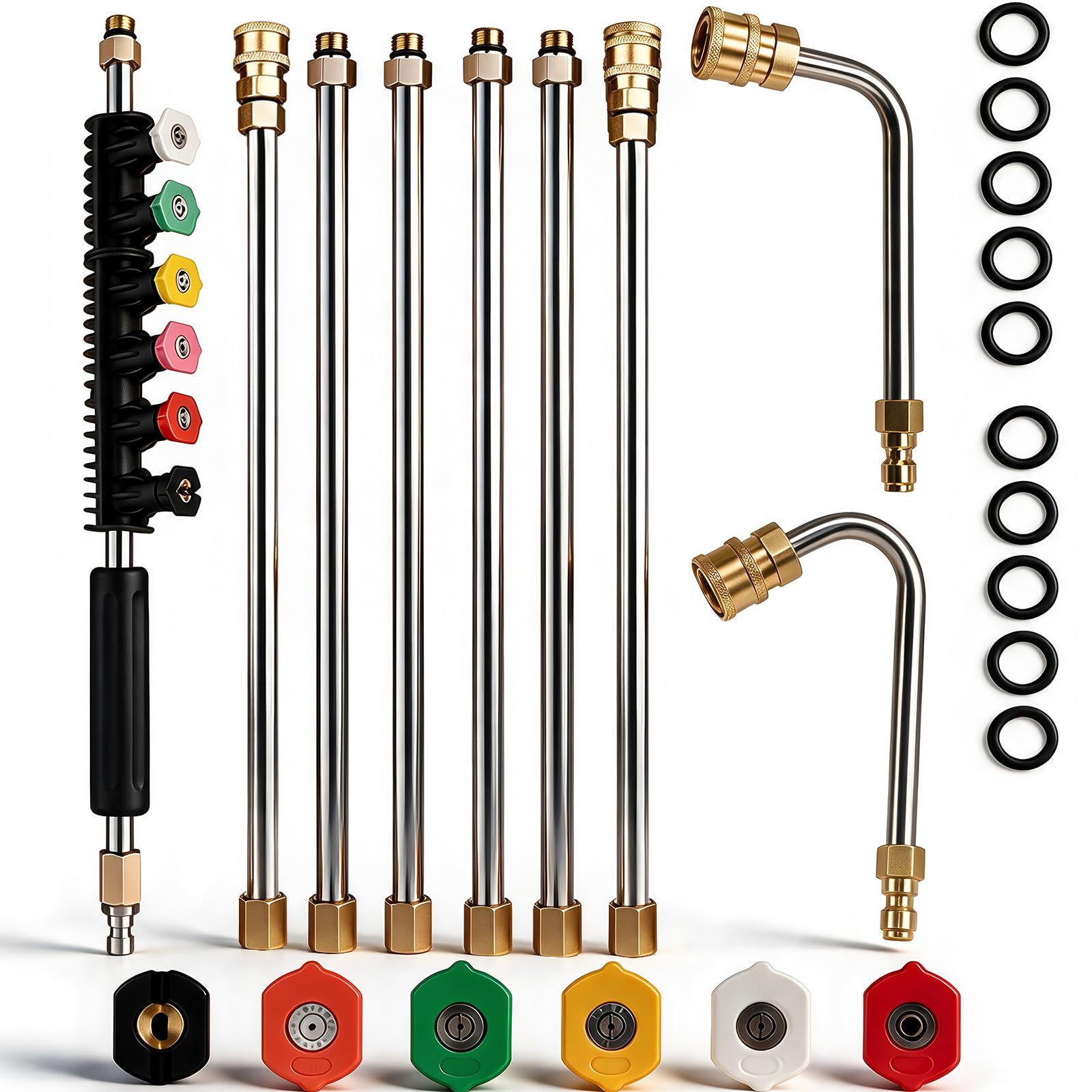 Selkie 120inch Stainless Steel Pressure Washer Extension Wand Power Washer Lance with Spray Nozzle Tips,30°,90°Curved Rod, 1/4’’Quick Connect, Replacement for Anti-Leaked Ring 4000 PSI…