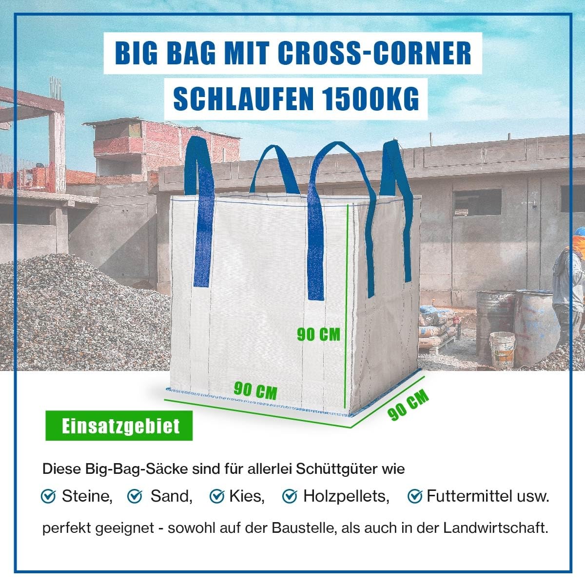 Safetytex Big Bag 90x90x90 cm mit Cross-Corner Schlaufen (10 Stück) | 1500 kg Tragfähigkeit, Schüttgutbehälter, Entsorgung, robuster Transportsack, stabile Hebeschlaufen, langlebig