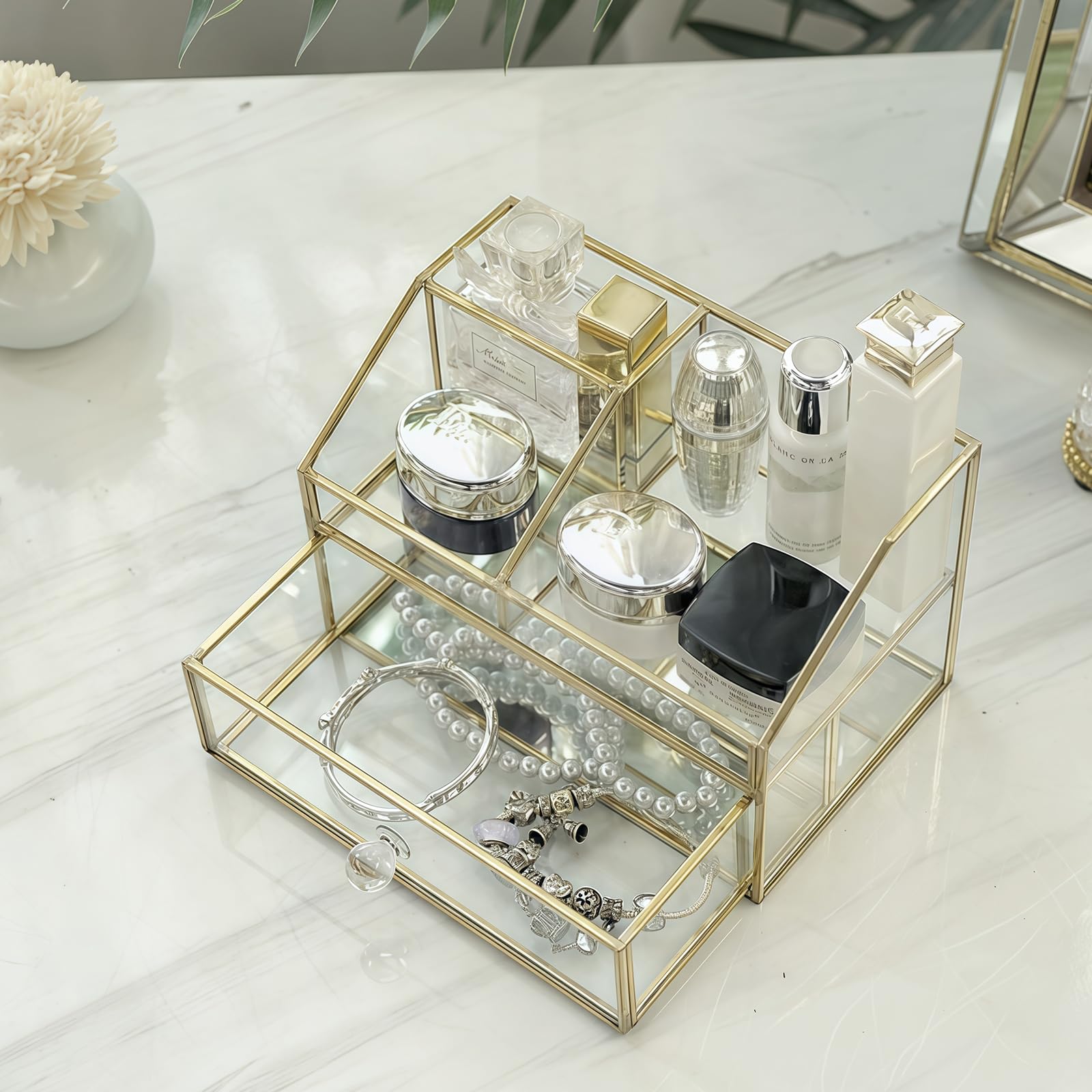 HARLIANGXY Porta Trucchi Organizer con Cassetti, Organizzatore di Trucco Trasparente, Contenitore per Cosmetici di Alta Qualità, Make up Organizer, Portaoggetti per Toeletta Oro