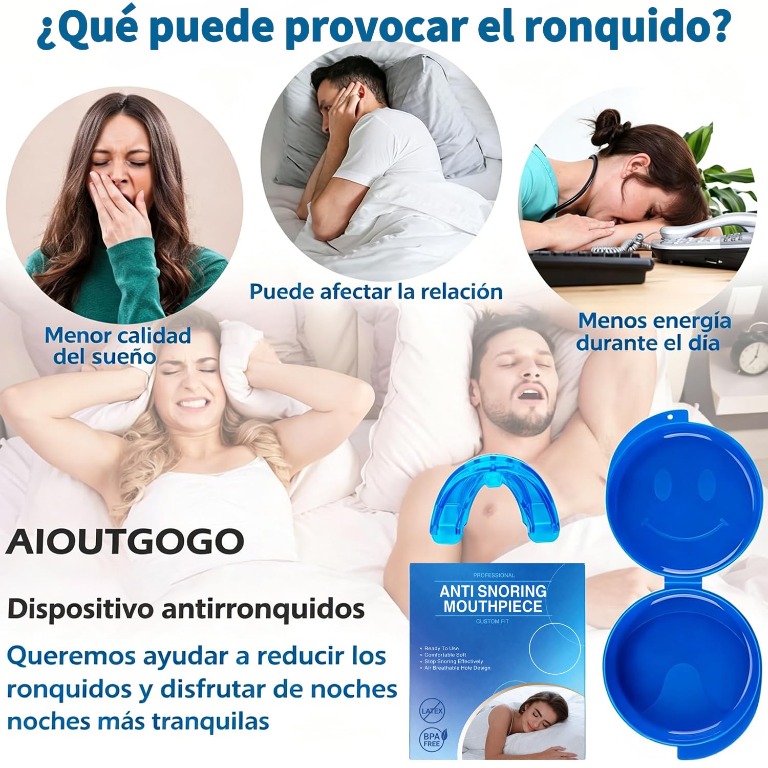 Dispositivo Anti Ronquidos, Férula Antironquidos para Dormir, Listo para usar, Dispositivo de Avance Mandibular - Reutilizable, Ayuda a Reducir los Ronquidos, ideal para el uso Nocturno - Azul
