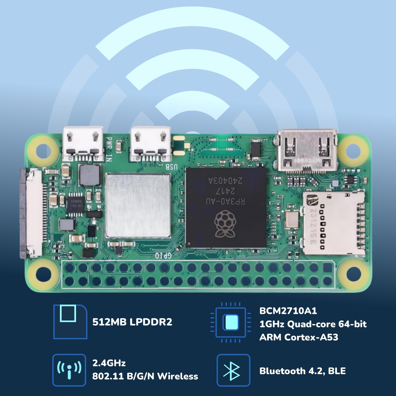 RasTech Raspberry Pi Zero - Kit de 2 W con cabezal de pin, disipador de calor de aluminio, cable micro USB OTG, adaptador mini HDMI-HDMI (con CPU de cuatro núcleos, Bluetooth 4.2, BLE, antena