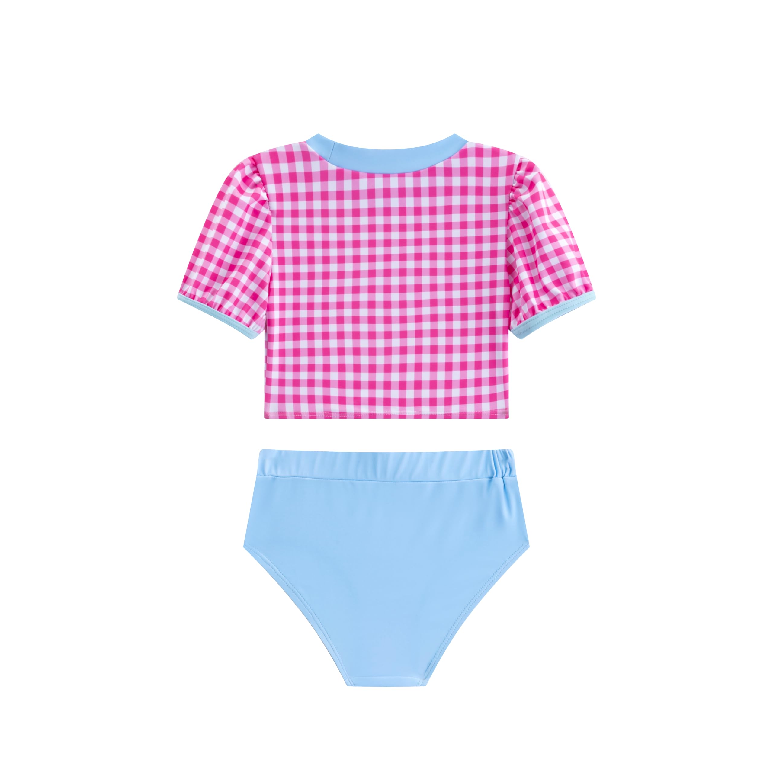 LIZENS Girls' Swimwear Two Piece Scoop Neck Short Sleeve Pull Sleeve Pink Plaid Beach Bathing Suit for Kids(LG102-1,10-12T)