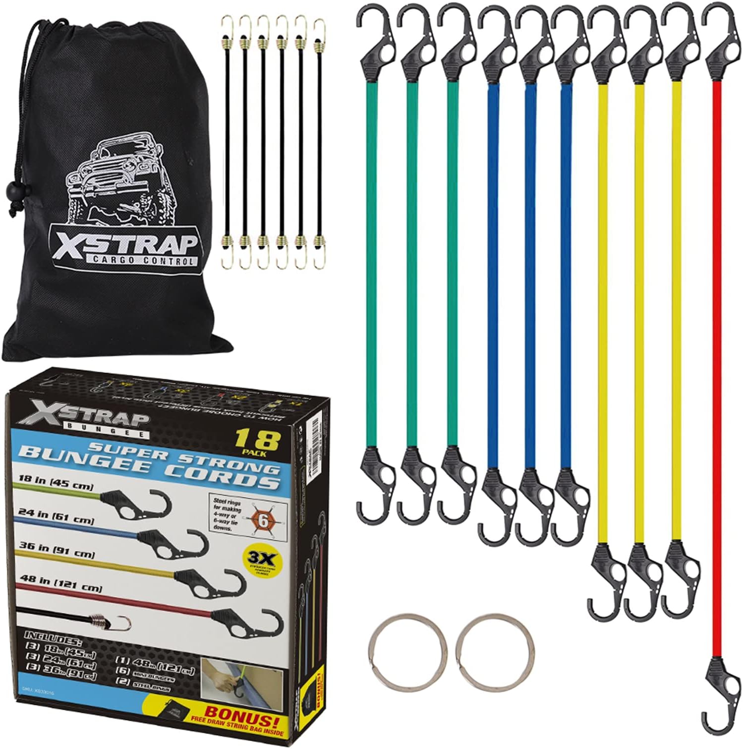XSTRAP STANDARD Premium Bungee Cords with Finger-Hole Hooks Heavy Duty Outdoor - 18 pcs Bungee Cords Assorted Sizes Includes 10'', 18", 24", 36", 48" and 2 Steel Rings for Garbage Can Motorcycle Tent