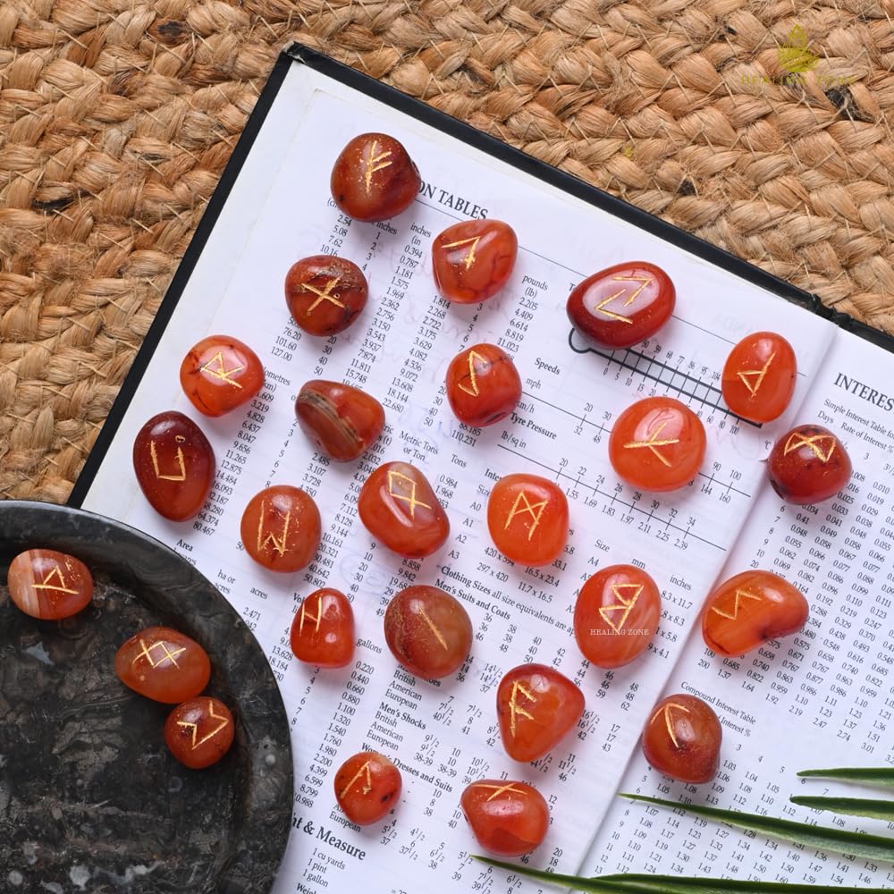 HEALING ZONE Carnelian Rune Stones Set, Tumbled Engraved Lettering Crystals for Healing and Chakra Reiki, with Gift Pouch