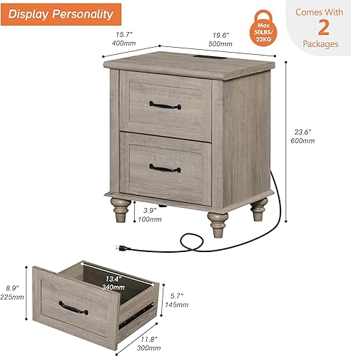 Miniatura 29 de WAMPAT Mesita de noche con estación de carga, mesa auxiliar de granja para sala de estar con 2 cajones, mesita de noche de madera natural para