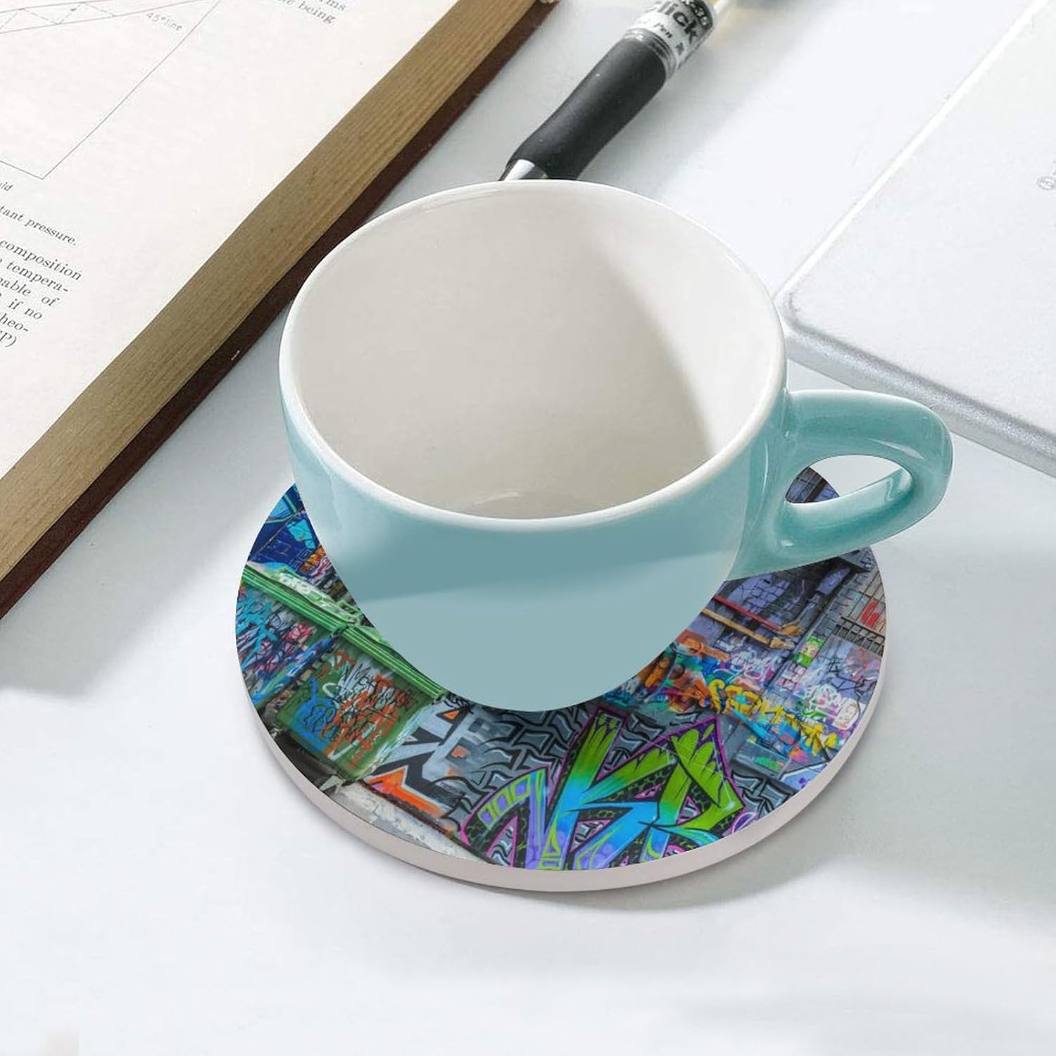Round-6PCS Graffiti Art Drink Coasters,Round Modern Ceramic Absorbent Coasters,Colorful Hip-Hop Street Culture Wall Graffiti Art Decor Desk Coffee Table Coaster for Beverage Cup Tea Coasters