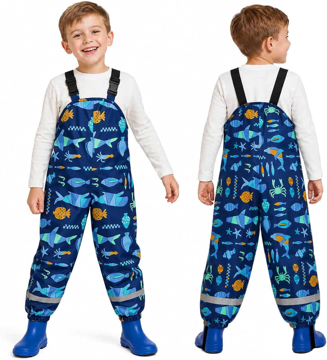 Toddlers Waterproof Rain Bib Pants, Boys Girls Rain Pants Kids Cartoon Rain Trousers Lightweight Mud Pants Rainwear