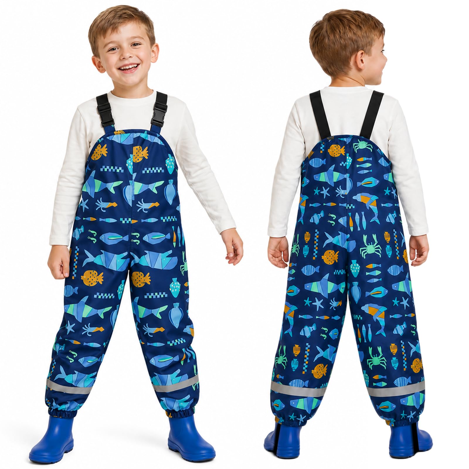 Toddlers Waterproof Rain Bib Pants, Boys Girls Rain Pants Kids Cartoon Rain Trousers Lightweight Mud Pants Rainwear