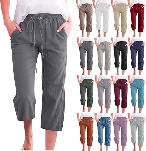 SMIDOW Pantalones capri para mujer, estilo casual 2025, con cordón elástico, cintura alta, pantalones de lino rectos, pierna ancha, pantalones