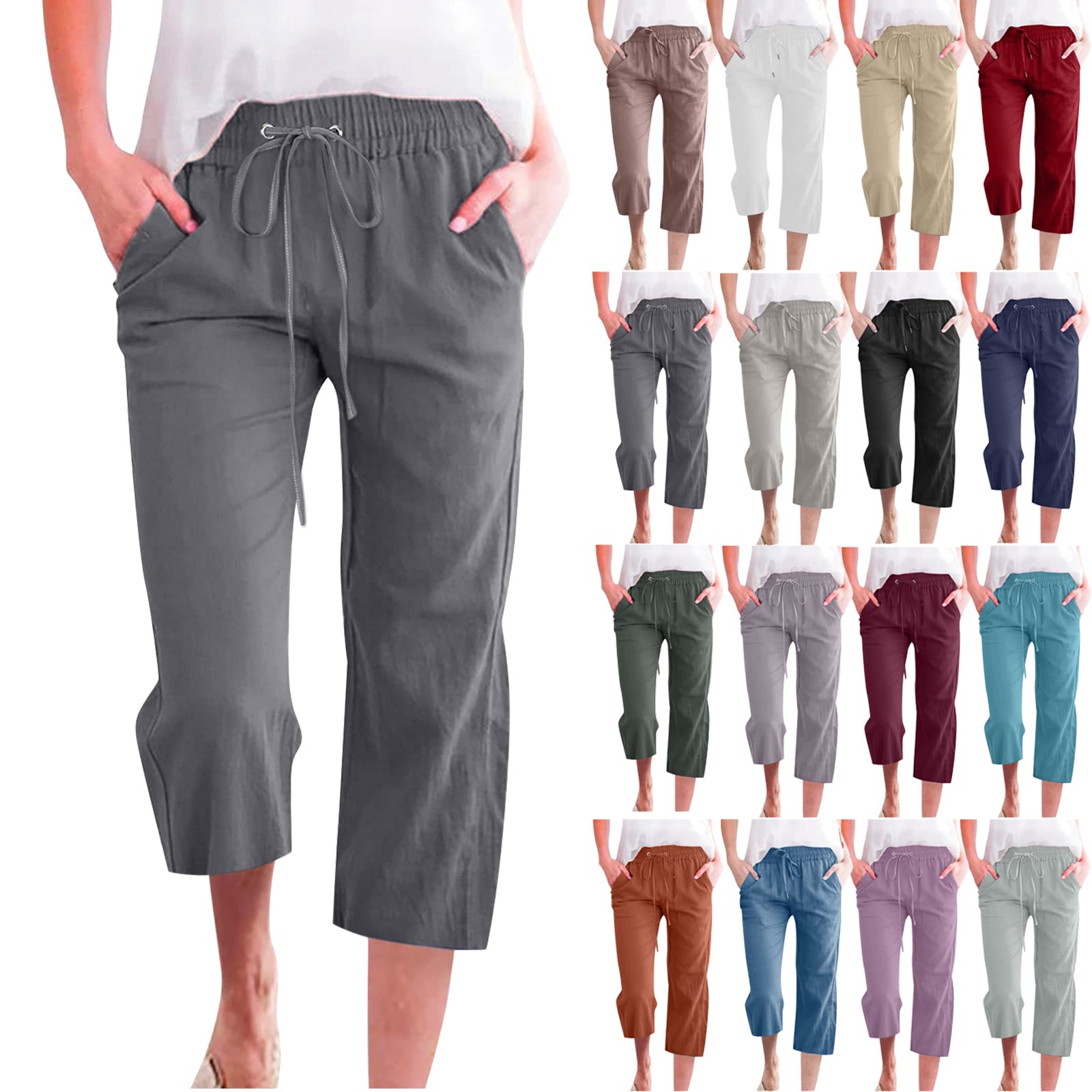 SMIDOW Women's Casual Capri Pants 2023 Summer Drawstring Elastic High Waist Linen Trousers Wide-Leg Straight Short Pants L #011 Dark Gray