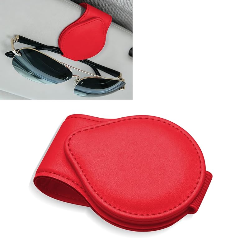Porta-óculos para para-sol automotivo em couro PU com fecho magnético e clipe para cartões Lxsloet Red-Round