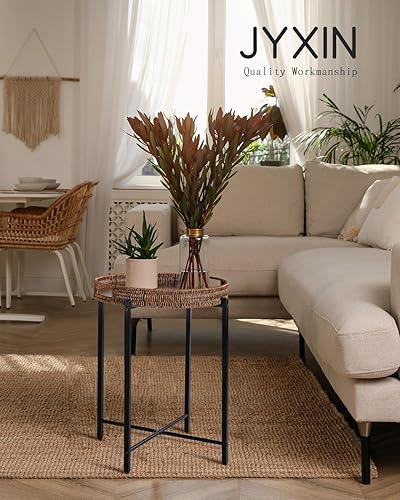 Miniatura 6 de Mesa auxiliar redonda de ratán de 16.5 pulgadas con parte superior de madera, mesa auxiliar de mimbre pequeña, uso en interiores y exteriores