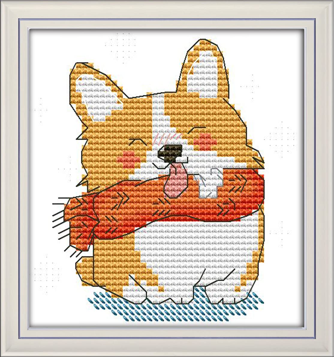 OWN4B Cross Stitch Kits Stamped, Smiling Shiba Inu Printed Pattern 11CT 6.7x7.1 inch DIY Embroidery Kit
