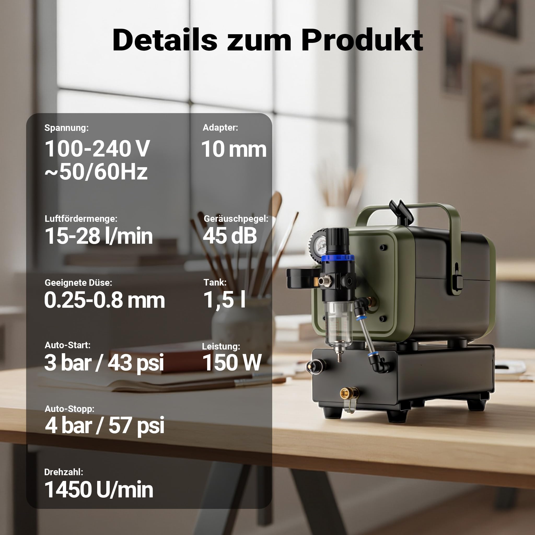 Wiltec Airbrush Kompressor HS-679F 1/6 PS, Druckluftkompressor 28 l/min Luftzufuhr, Kompressor für Airbrush-Pistole mit Halterung, Luftkompressor mit Druckmesser für Airbrush-Design