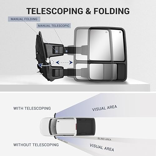 Vista 22 de HF AUTOPARTS - 2 espejos retrovisores laterales de repuesto con direccionales, LED alimentado con calor, resistentes, extensibles y plegables, un