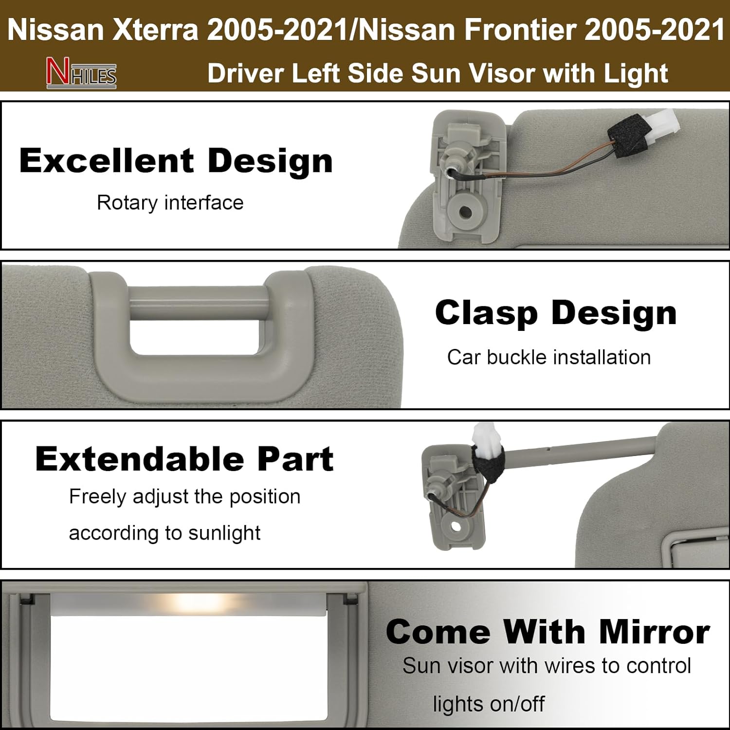 NHILES Driver Left Side Sun Visor Fits for 2005-2015 Nissan Xterra 2005-2021 Nissan Frontier with Light Replace# 96401- EA002 Gary