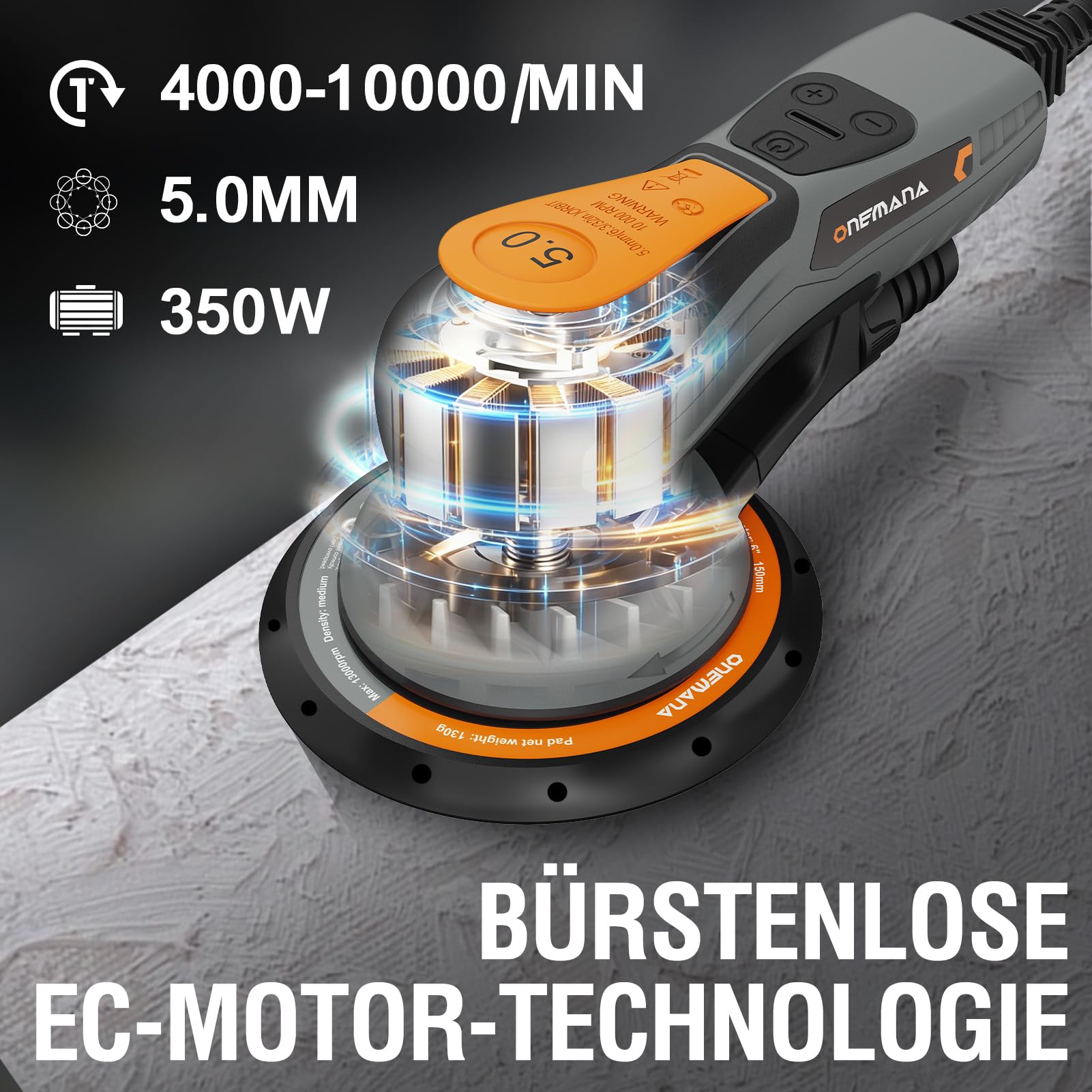 levigatrice rotorbitale 150 mm, brushless, corsa 5,0 mm, 350 W, 6 regimi (4000-10000 rpm), aspirazione polvere, disco 150 mm incl. Rotorbitale: levigatrice orbitale per legno