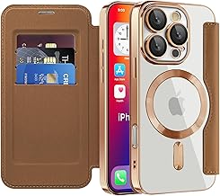 IMEIKONST Coque Magnétique pour iPhone 16 Pro Compatible avec MagSafe, [RFID Blocage] Porte Carte Protection de la Caméra Étui à Rabat en Cuir Transparente Housse pour iPhone 16 Pro. Marron JDCX