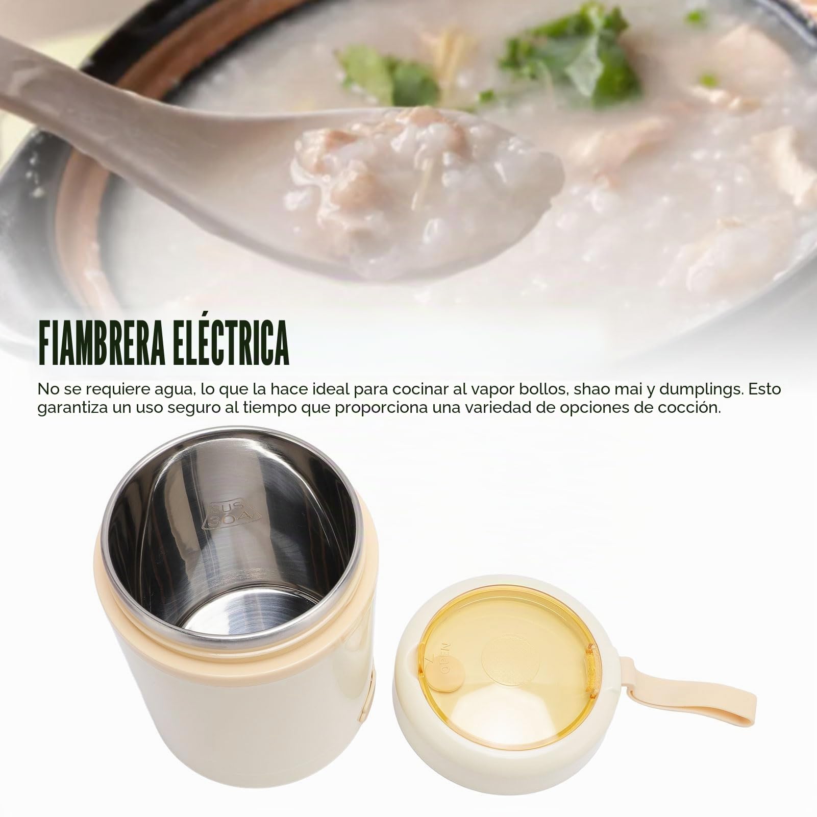 Fiambrera Eléctrica USB, Calentador de Alimentos, Acero Inoxidable 304, Temperatura Constante de 60 ℃, Tarro de Comida Aislado a Prueba de Fugas de 600ml con Cuchara (Beige)