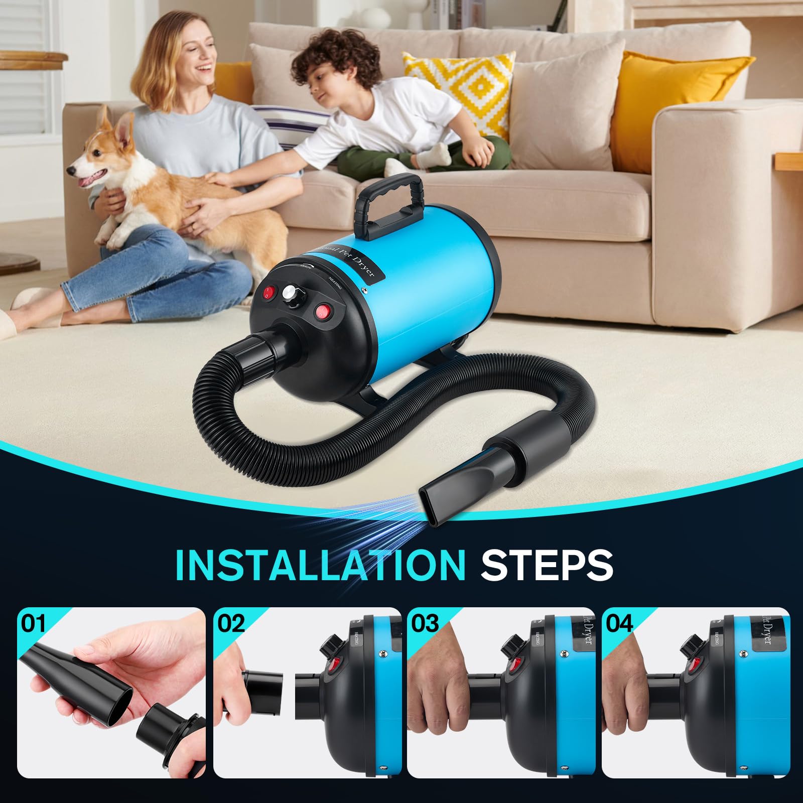 Asciugacapelli per cani, asciugacapelli per cani, 3800 W/4,5 CV, asciugacapelli professionale per la cura del pelo, regolazione continua della velocità, a basso rumore, con 4 diversi ugelli, tubo