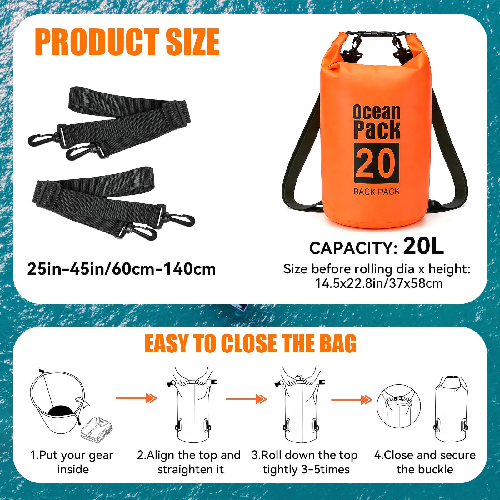 PQETBV Bolsa Estanca, 20L Bolsa Impermeable Mochila Estanca, Bolsa Seca con Correa de Hombro Ajustable para Barcos, Kayak, Pesca, Rafting, natación, Camping, Snowboard - 3
