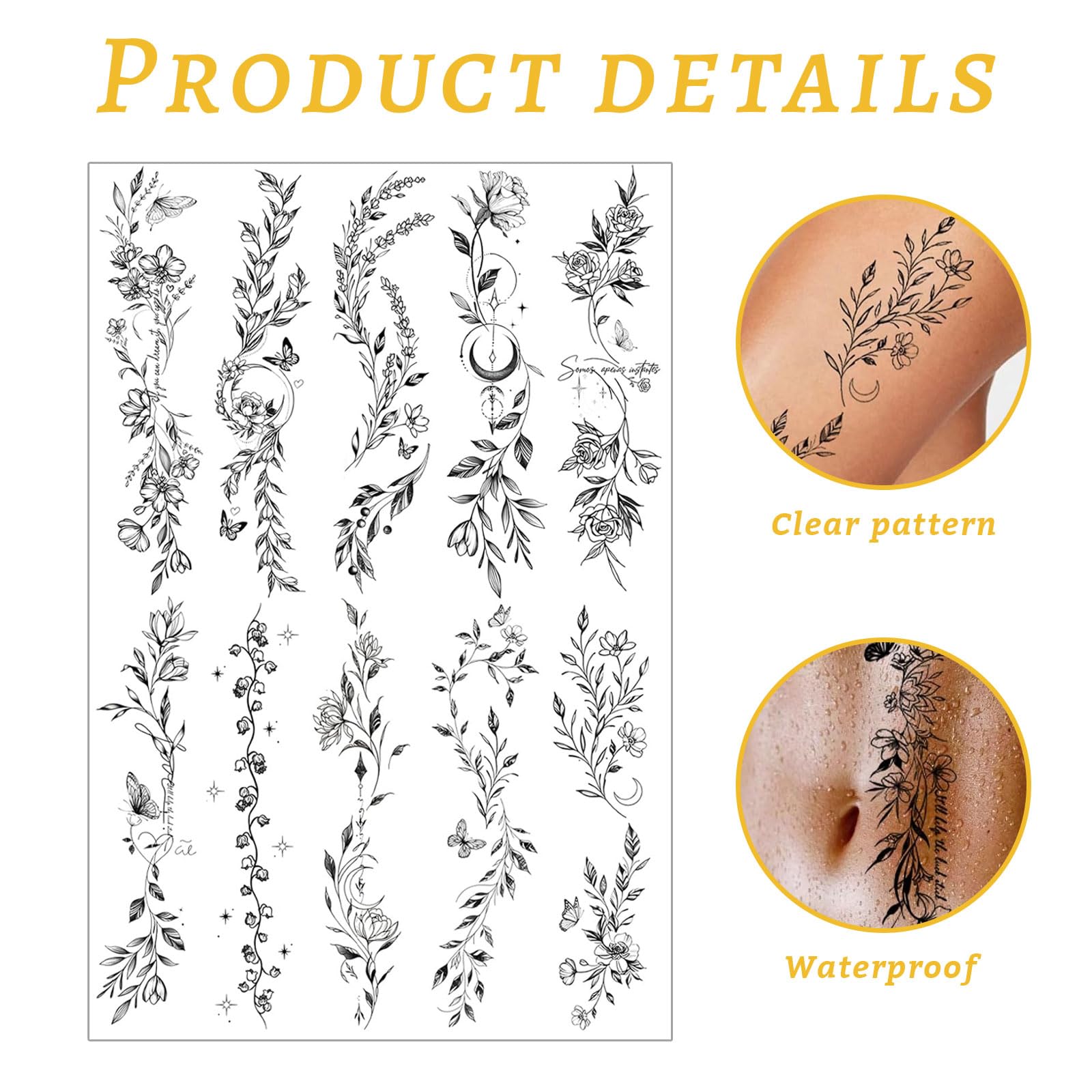 VelvetGlow Flower Temporary Tattoos for Women Girls 16 Sheets Black Flower Leaf Wild Plants Sketch Tattoo Stickers - Image 3