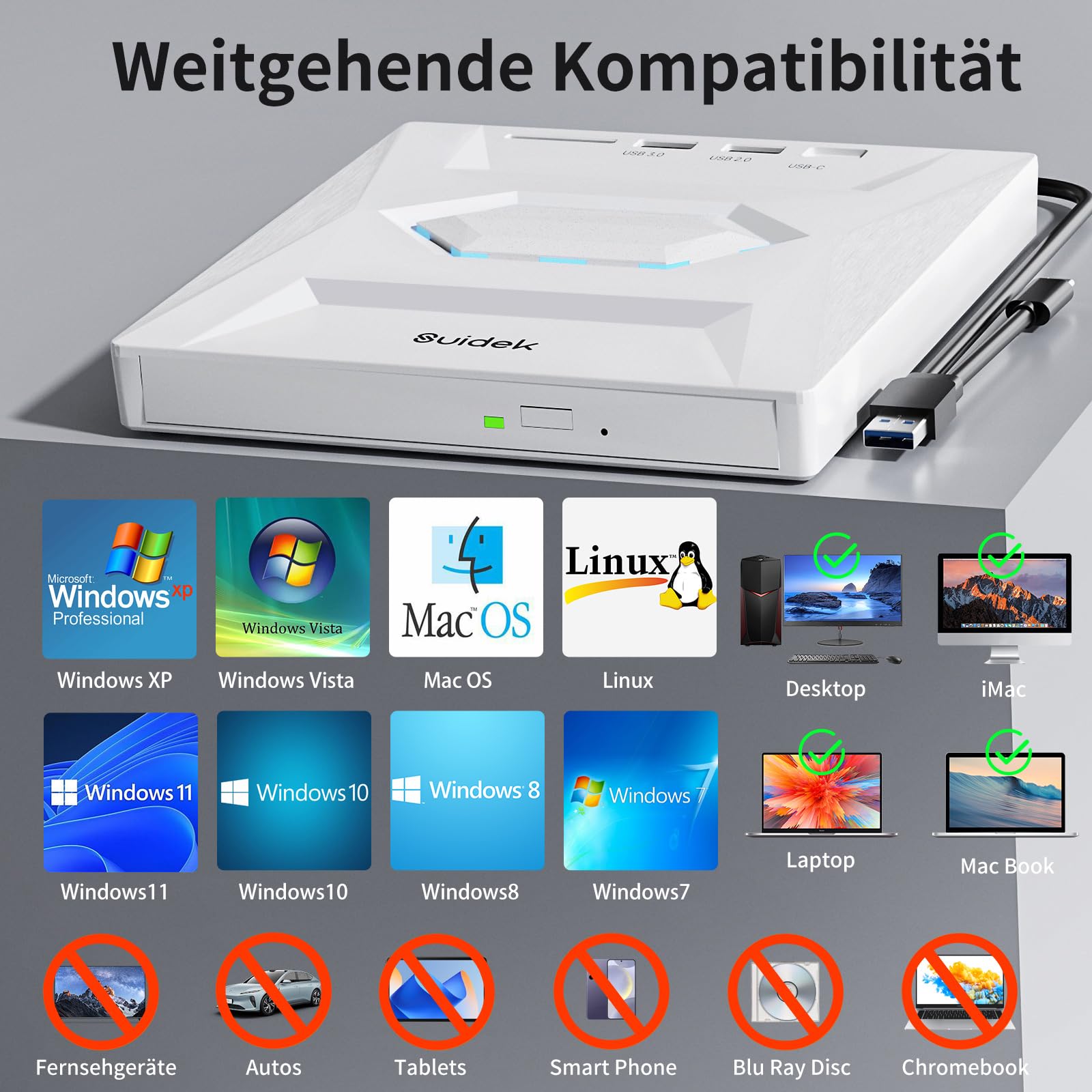 SUIDEK Externes CD DVD Laufwerk für Laptop, Ultra Slim Portable USB C CD/DVD +/-RW Brenner DVD Player für Laptop mit SD Kartenleser USB 3.0 Typ C Hub für Desktop PC Windows Linux