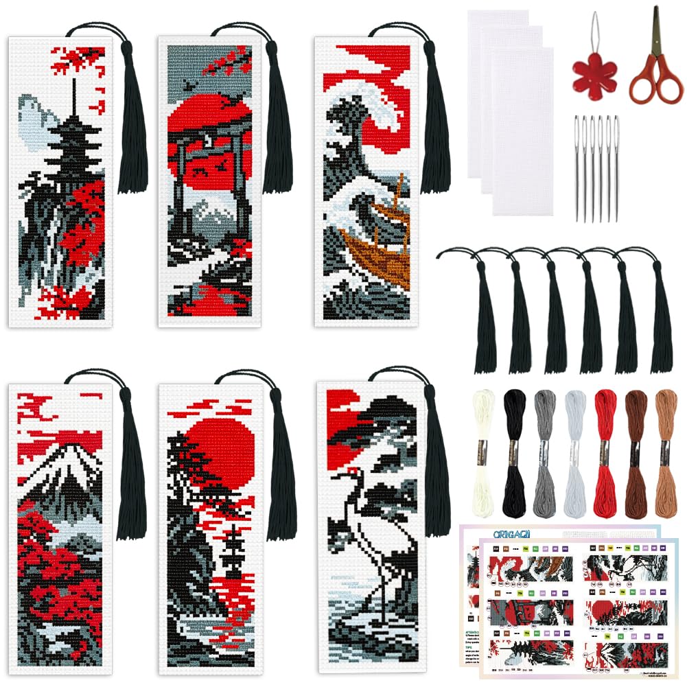 ORIGACH 6 Set Japanese Ukiyo-E Style Cross Stitch Bookmark Kit for Beginner