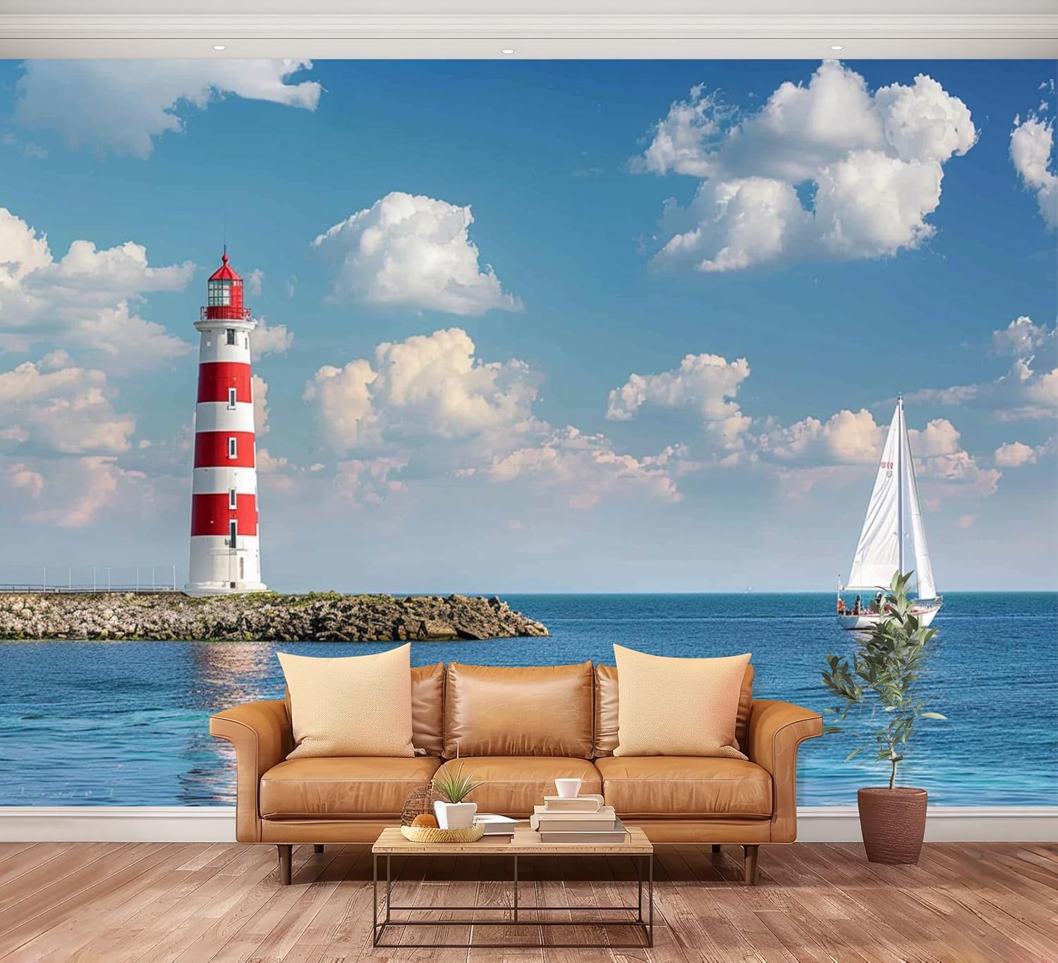 Wall Mural Peel and Stick beautiful old lighthouse sailboat bright sunshine blue sky blue water Large Wallpaper Self Adhesive Contact Paper Removable