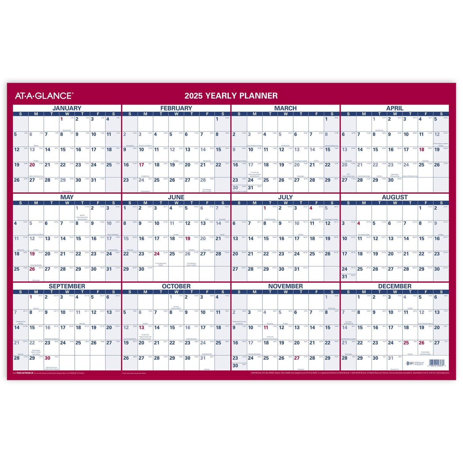 AT-A-GLANCE 2025 Erasable Calendar, Dry Erase Wall Planner, 36" x 24", Large, Vertical/Horizontal, Reversible (PM26P2825)