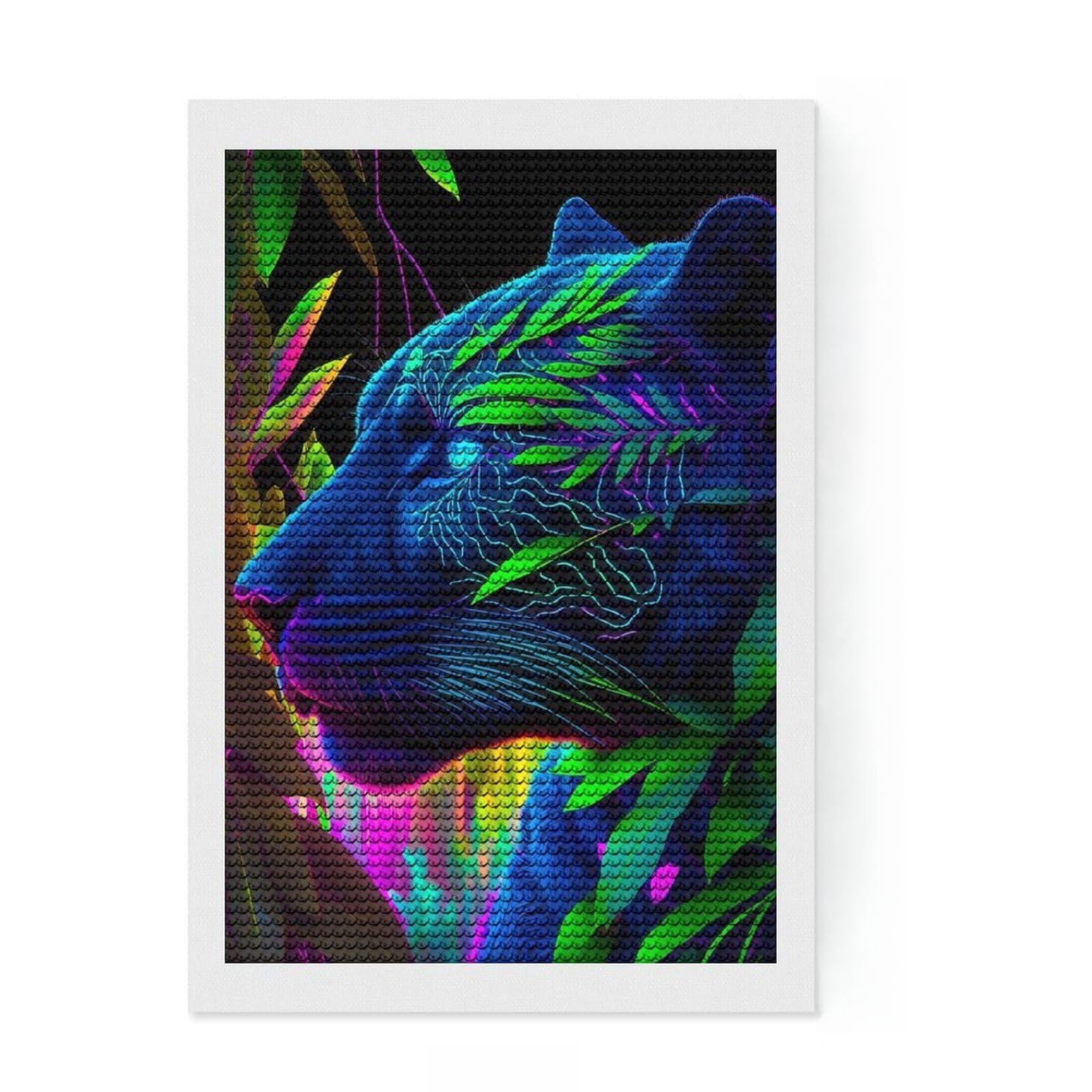 Junmoney Neon Panther in Jungle Diamond Art Kit 8"x12", Christmas Gift, for Beginners, Easy Handmade Project, Bedroom Decor, Stress Relief Craft