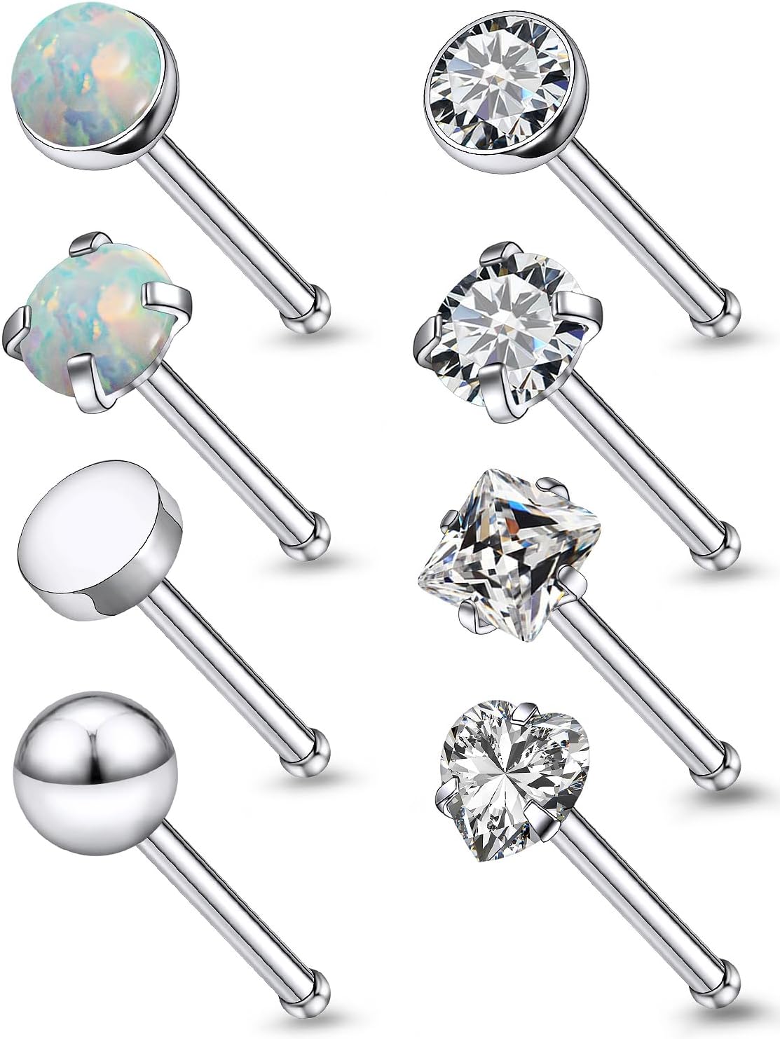 18G 20G 22G Astm F136 Titanium Nose Rings Studs Piercing Jewelry for Women Men Round Heart Square Cubic Zirconia Nose Rings Opal Nostril Ring Piercing Jewelry Top Flat Ball 3mm 8PCS