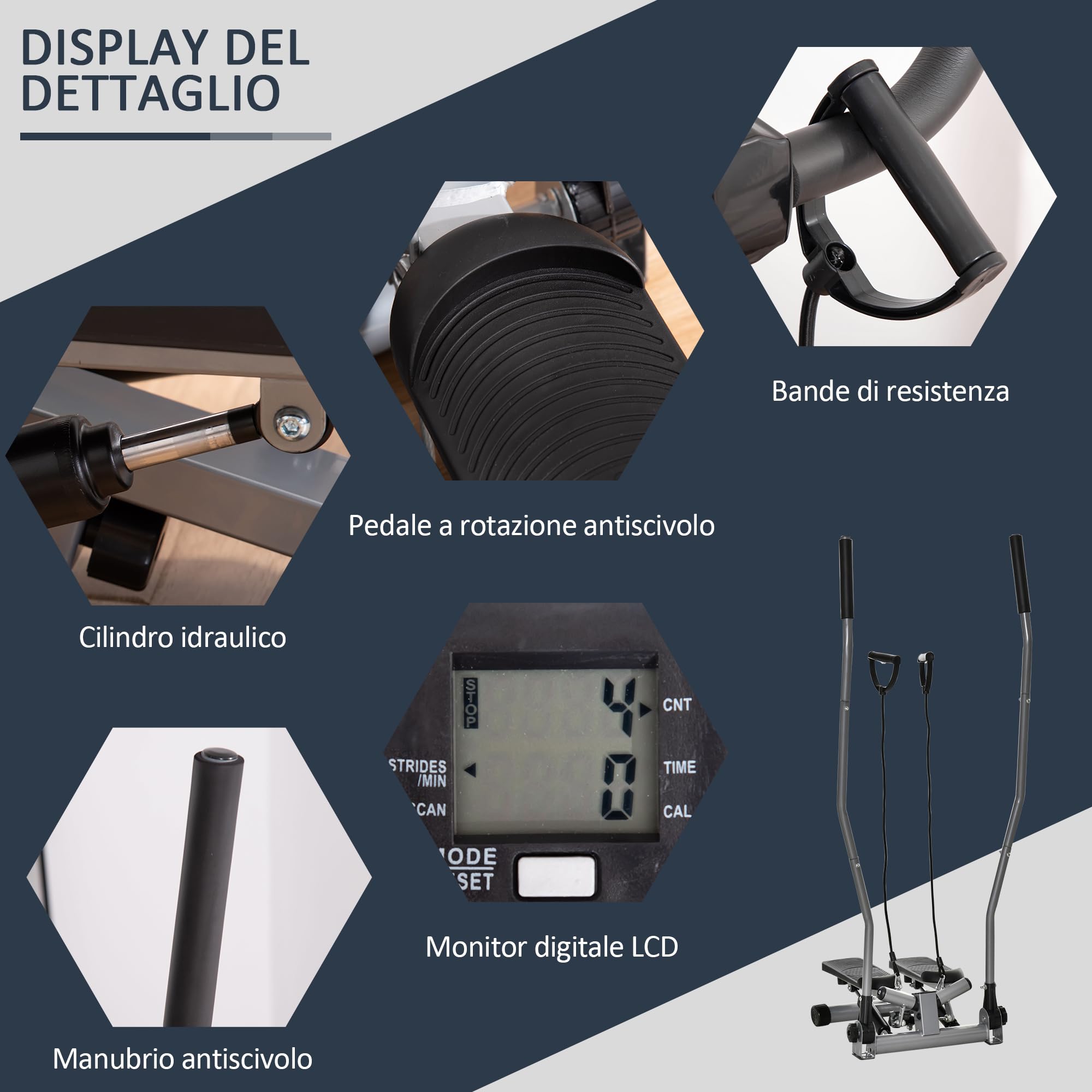 HOMCOM Stepper Fitness Casa con Manubrio e Bande Elastiche, Monitor LCD e Piedini Antiscivoli, Stepper in Acciaio e ABS, per Allenamento a Casa e Palestra, 54x40x135 cm, Argento e Nero
