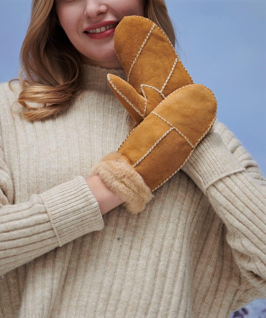 YISEVEN Women's Winter Sheepskin Shearling Leather Mittens - Image 3