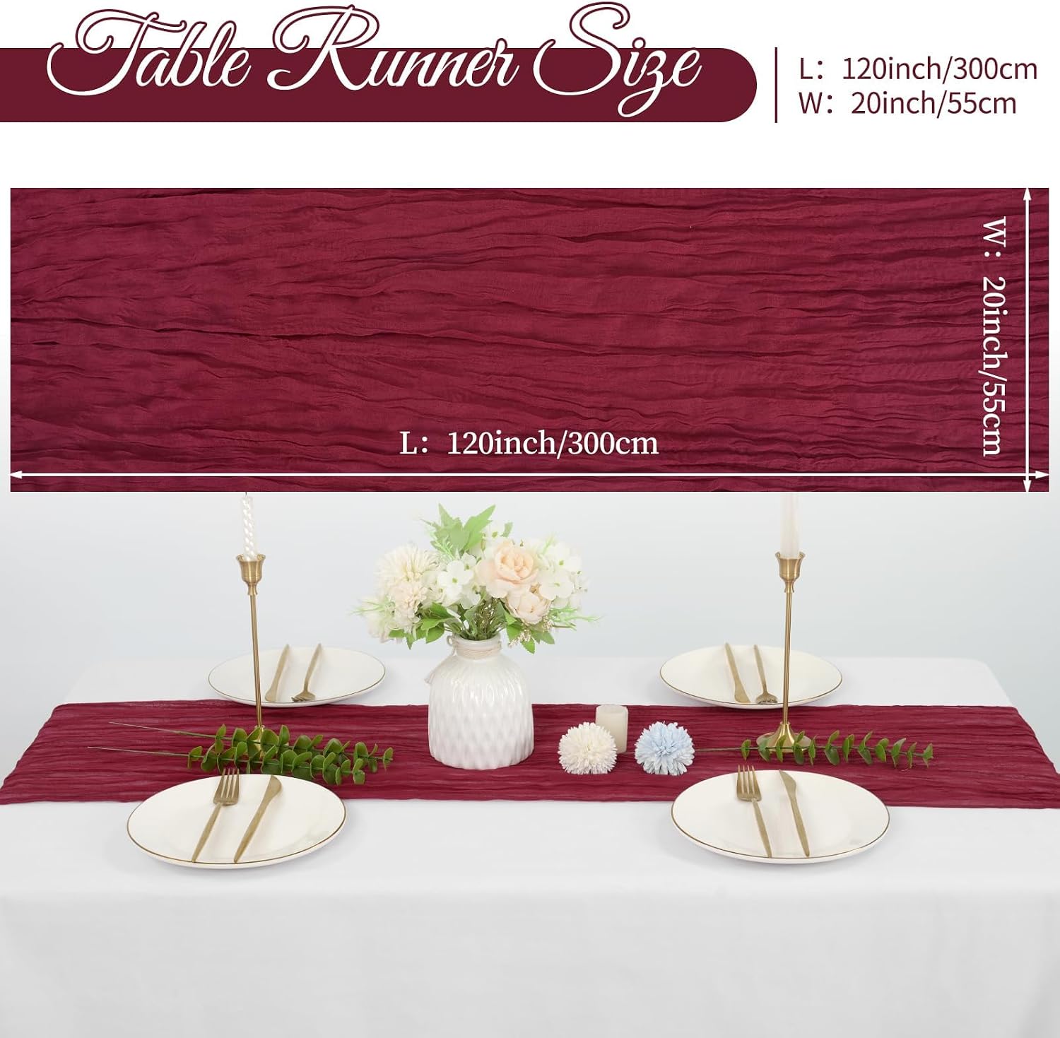 20 Pack Cheesecloth Table Runner 20 x 120 Inch, Burgundy | Long Boho Gauze Table Runners, Semi Sheer Table Runner for Wedding Decor, Baby Shower, Birthday Party, Banquet