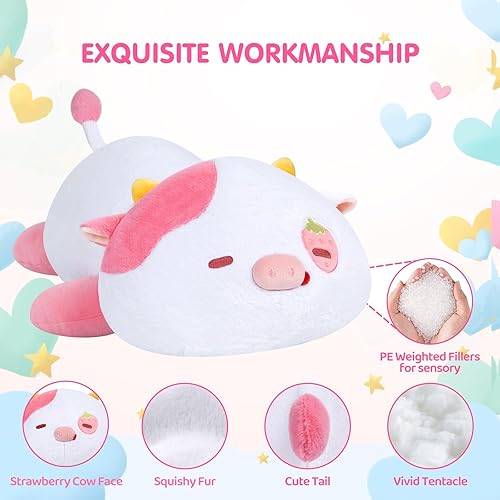 Miniatura 4 de Animales de peluche con peso de 4.0 libras  Peluche de vaca fresa con peso, animales de felpa con peso para niños, almohada con peso de vaca,