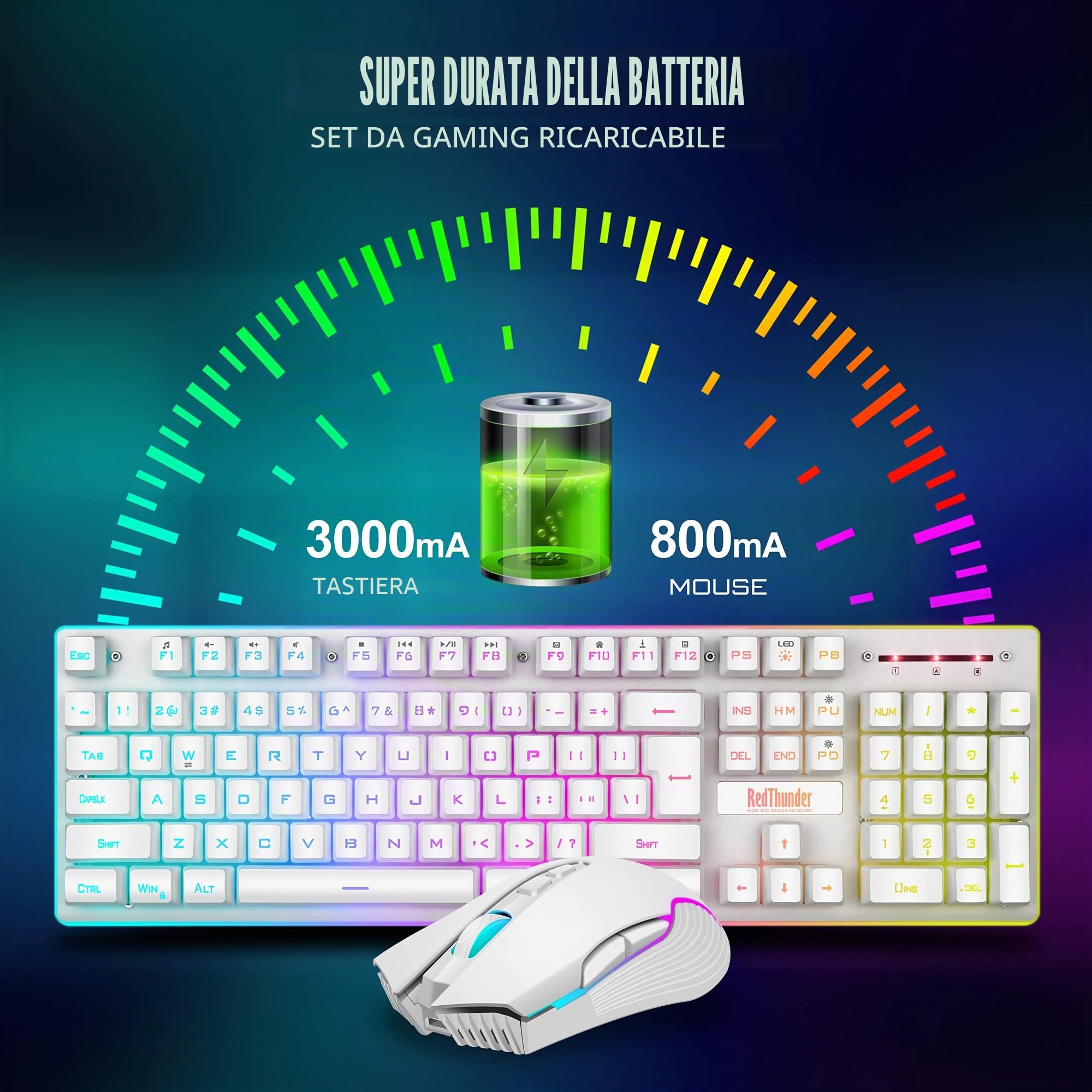 RedThunder K10 - Tastiera e mouse wireless da gioco, batteria ricaricabile con retroilluminazione a LED da 3800 mAh, tastiera meccanica con layout inglese + mouse 7D 3200DPI per PC gamer (bianco)