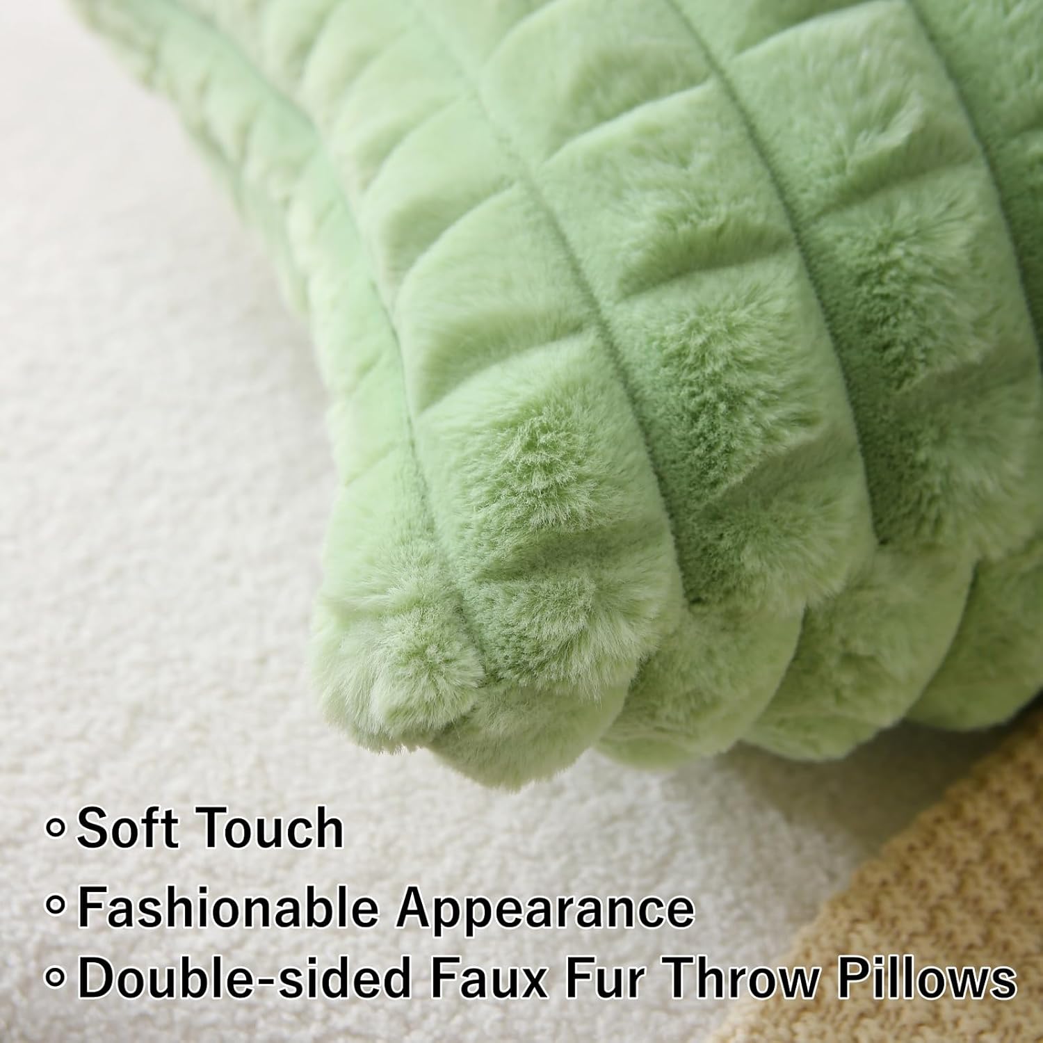 Faux Fur Throw Pillow with Inserts 18" x 18" Set of 2 Decorative Throw Pillows, Square Boho Small Plaid Pillow for Couch, Bed, Sofa Decor, Green