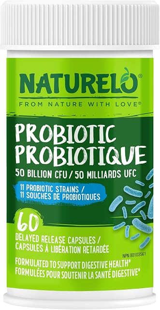 NATURELO Probiotics for Digestive Health, 50 Billion CFU, 60 Vegetarian Capsules, 11 Strains, Daily Use Supplement, Delayed Release, No-Fridge, Helps Boost Immune System, Probiotics for Women & Men