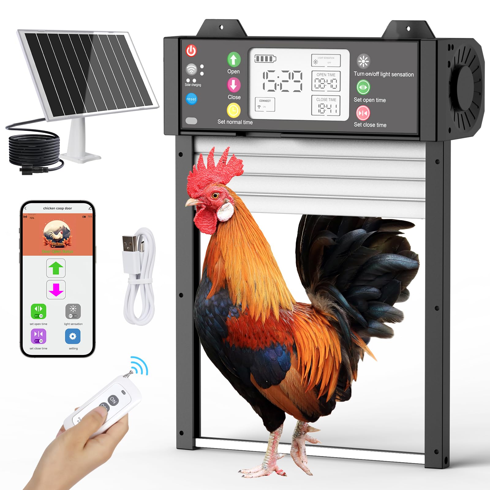 Shinmax Puerta de pollo automática solar con aplicación, controlador, estado de puerta en tiempo real, puerta eléctrica automática con temporizador sensor de luz, mando a distancia, protección