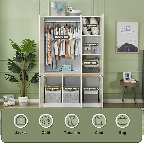 Miniatura 7 de Armario de 2 puertas, armario alto de madera con dos cajones para gran capacidad con barra para colgar y asas de metal para armario blanco, 31.5