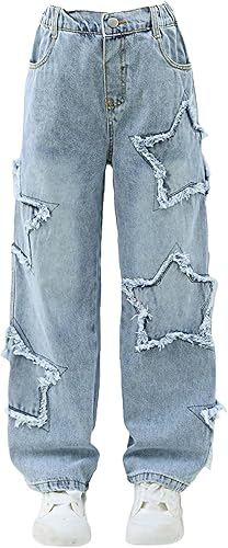 GORGLITTER Girl's Baggy Wide Leg Jeans Y2K Star Print Elastic High Waist Denim P
