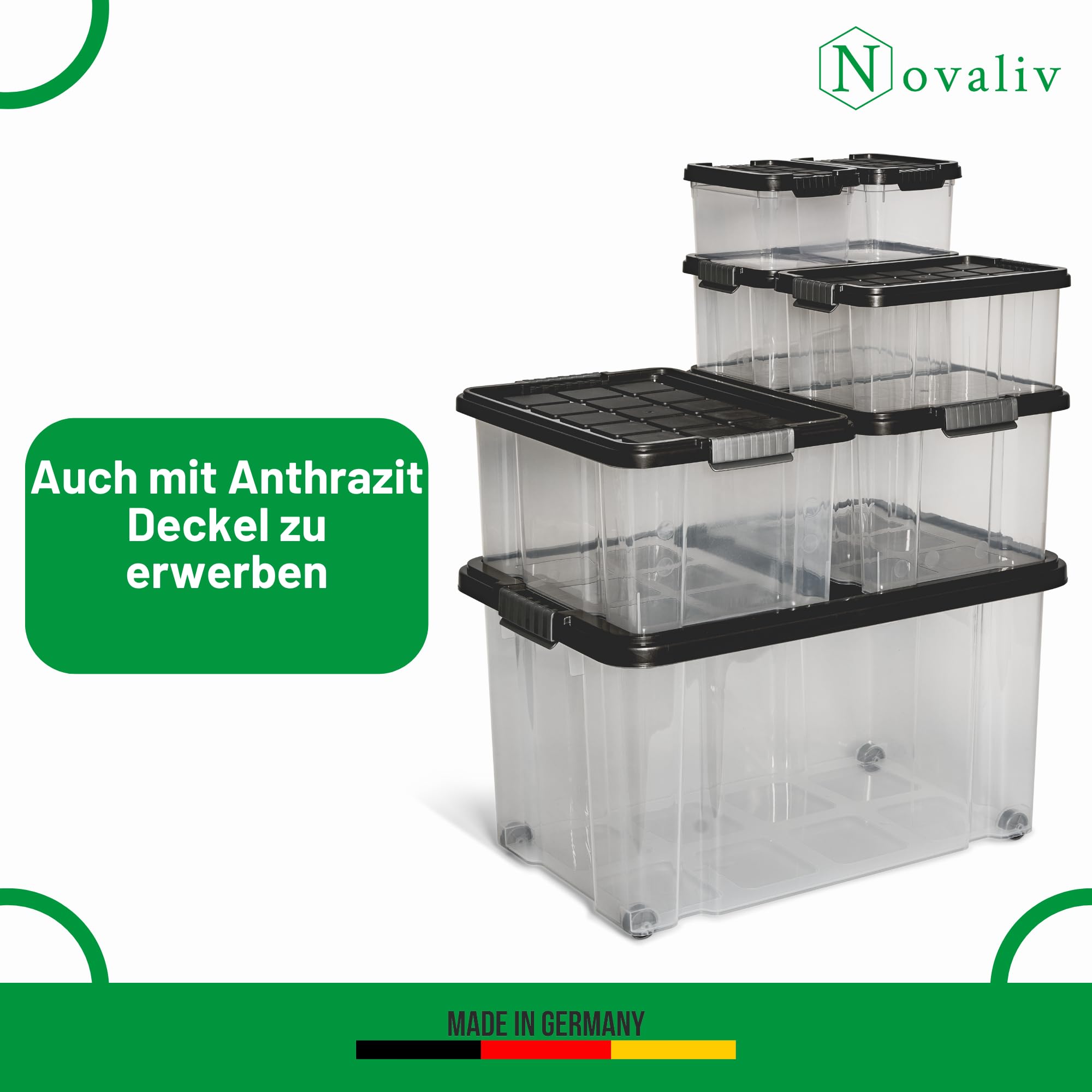 Novaliv 7 tlg Sparset Aufbewahrungsboxen mit Deckel Transparent 1x55L + 2x 15L + 2x 5L + 2x 2L Nestbar stapelbar Clipverschluss Rollboxen BPA-frei