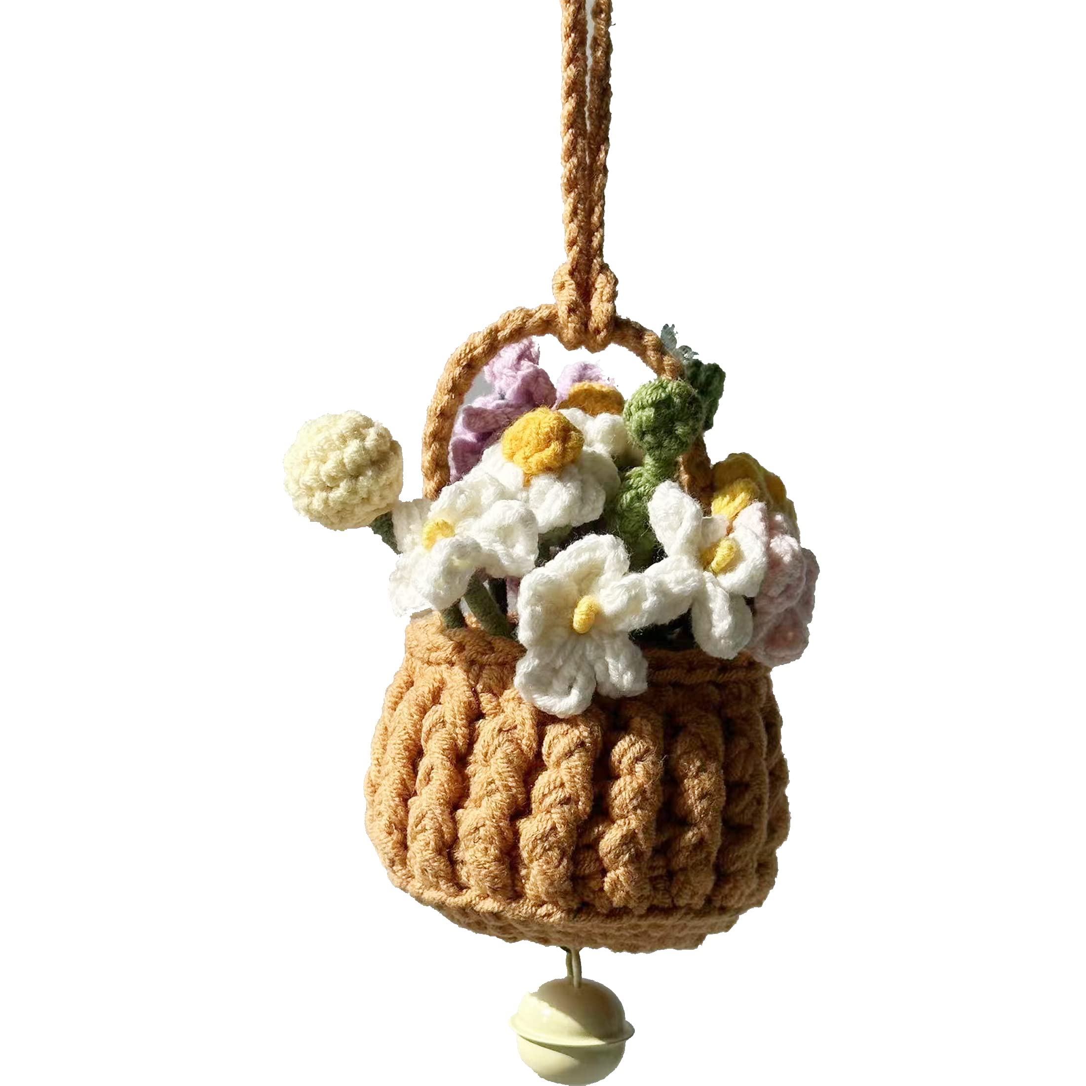 Boho Plant Crochet Hanging Basket for Car Decor, Accessories, Ornament, Rear View Mirror (Style 3- Flower)