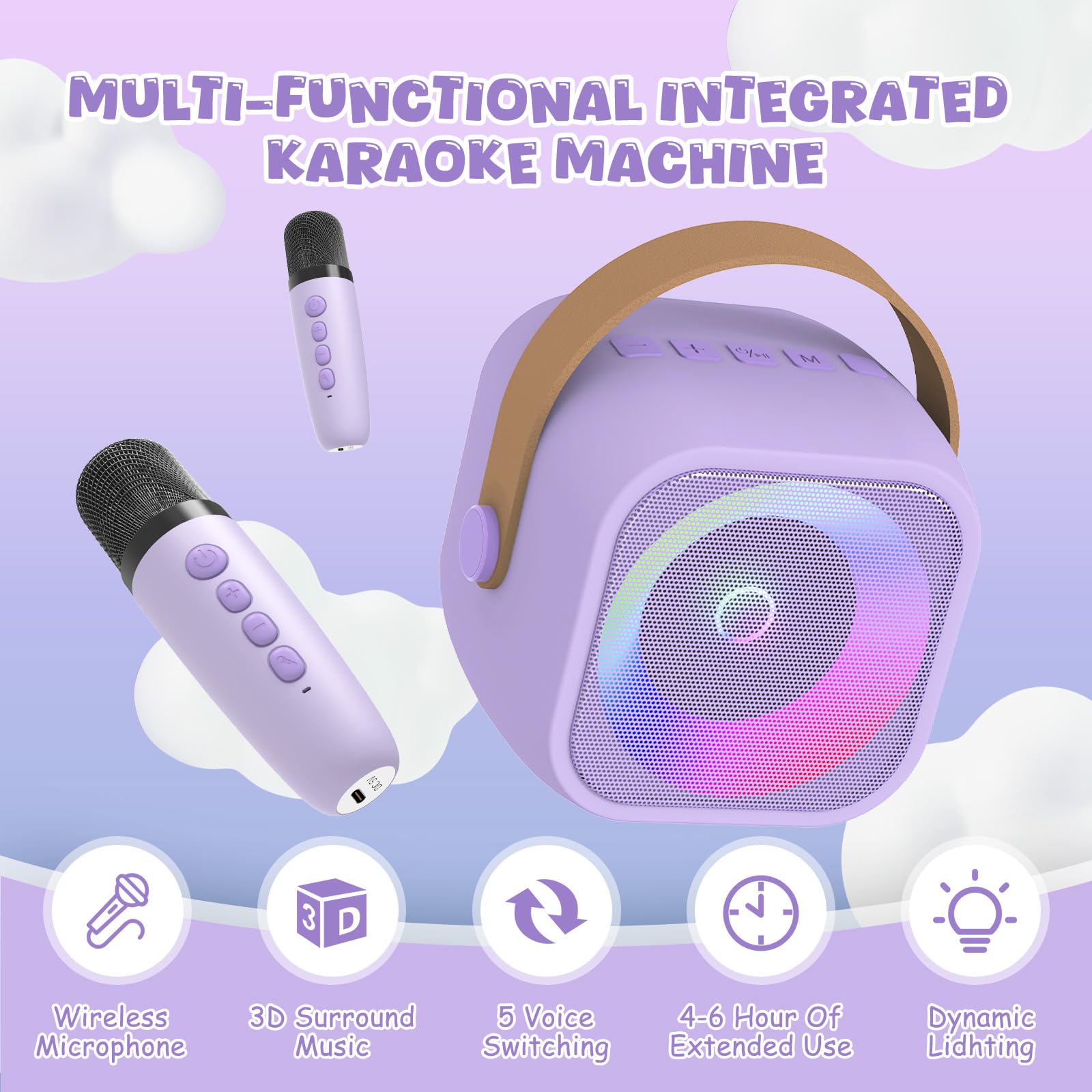 Maszyna Do Karaoke Dla Dzieci Z 2 Mikrofonami,Bezprzewodowy Bluetooth, Z Efektami Zmiany Gosu I Diodami Led Prezent Dla Dziewczynek, Dla Dziewczynek W Wieku 3-12 Lat Prezent Urodzinowy