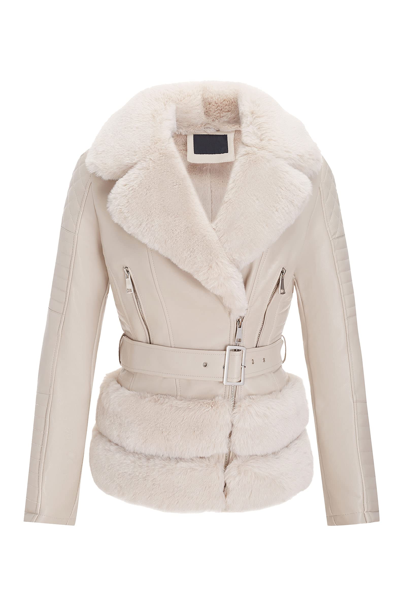 Bellivera Women's Faux Leather Jacket Moto Biker Sherpa-Lined Coat with Removable Fur Collar